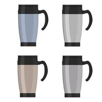 moderne Thermotasse, Reisebecher, Thermoskanne isoliert auf weißem Hintergrund, Set. vektorillustration im flachen stil. vektor