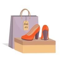 eleganta modern kvinna s röd skor på låda, färgrik papper väska och pris märka med 50 procent rabatt. försäljning i en sko Lagra. Skodon försäljning reklam baner. vektor illustration, platt stil.