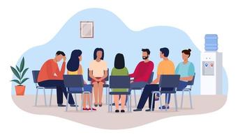 Gruppenpsychotherapie. Personen, die im Kreis sitzen und sich unterhalten. Menschen treffen sich. Psychotherapieausbildung, Wirtschaftsvortrag oder Konferenz. Mann-Frau-Selbsthilfegruppe. Vektor-Illustration. vektor