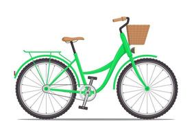 söt kvinnor s cykel med en låg ram och korg i främre. årgång cykel. vektor illustration i platt stil.