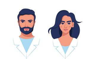 medicin platt avatars uppsättning med manlig och kvinna doktorer i medicinsk morgonrock. medicinsk klinik team. vektor illustration.