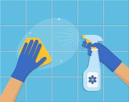 Reinigungskonzept. hand im blauen gummihandschuh reinigt die fliese mit schwamm und reinigungsspray. Reinigungsservice Hintergrunddesign. vektorillustration im flachen stil. vektor