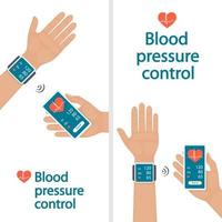 Messung und Überwachung des Blutdrucks mit modernen Gadgets und mobilen Anwendungen. mann, der den arteriellen blutdruck mit einem digitalen tonometer überprüft. Gesundheitspflege. flache vektorillustration. vektor