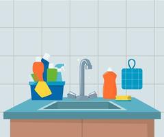 Spüle. sauberes Waschbecken mit Geschirr, modernen Möbeln und Utensilien. Abwasch Küchenspüle, Vektorillustration. vektor