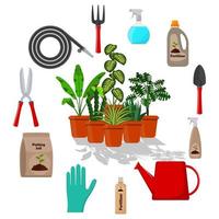 inlagd växter omgiven förbi trädgård verktyg. uppsättning av trädgårdsarbete verktyg, potting jord, olika gödselmedel i flaskor. vektor illustration i platt stil.