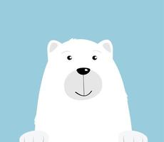 süßer Cartoon weißer Eisbär auf blauem Hintergrund. neugieriges freundliches lächelndes Gesicht des Bären. Illustration für Grußkarte. vektor