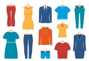 Herren- und Damenbekleidung auf Kleiderbügeln, Set. Kleid, Hose, Sweatshirt, T-Shirt, Shorts, Top, Jacke, Anzug. Vektor-Illustration. vektor