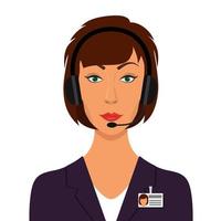 Frau in einem Business-Anzug, in Kopfhörern mit Mikrofon und Namensschild. betreiber des callcenter-büros bei der arbeit. Webinar, Videokonferenz, Videoanruf. flache vektorillustration. vektor