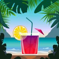 exotisk cocktail i strand bar på stranden. cocktail med sugrör, citron- kil och paraply, omgiven förbi tropisk löv. sommar semester begrepp. strand bar affisch. sommar fest. vektor illustration.