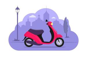söt motorcykel på stad silhuett bakgrund. rosa skoter på lila svartvit bakgrund. cykel begrepp illustration för app eller hemsida. modern transport. platt stil vektor illustration.