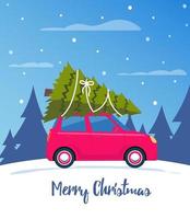 söt röd retro bil med jul träd på de tak. glad jul och Lycklig ny år hälsning kort, vykort, affisch, baner, inbjudan design. glad jul. Lycklig ny år. vektor illustration.