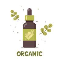 Naturkosmetik aus Bio-Pflanzen. paar grüne blätter und flasche. Spa-Bio-Creme-Flasche. stylisches Konzept für vegane Bio-Kosmetik im Flat Design. Vektor-Illustration. vektor