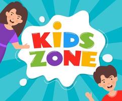 Kids Zone Emblem oder Logo für Kinderspielzimmer. kinderzone hand ertrinken schriftzug und glücklich lächelnder junge und mädchen. bunte vektorillustration. vektor