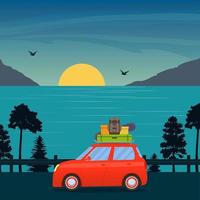 söt tecknad serie röd bil med surfingbräda och resväskor på väg med hav, Sol och bergen Bakom. familj resa förbi bil. vektor platt illustration.