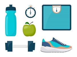 kondition, sport, diet och friska livsstil Träning Utrustning samling. löpning, sport och Gym ikoner uppsättning. vektor illustration i platt stil.