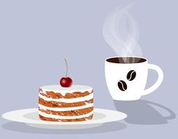 Tasse duftenden dampfenden Kaffee und Kuchen mit Kirsche auf einer Untertasse. vektorillustration im flachen stil.