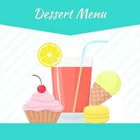Desserts und Gebäck Vektormenüvorlage. Eis, Makronen, Kuchen, Cocktail. vektor