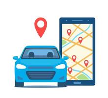 Online-Carsharing-Dienst, der über eine Smartphone-App gesteuert wird. telefon mit ortsmarkierungen und smart car. vektorkonzeptillustration. vektor
