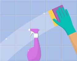 Reinigungskonzept. Hand im Gummihandschuh reinigt die Fliese mit Schwamm und Reinigungsspray. Reinigungsservice-Banner-Design. vektorillustration im flachen stil. vektor
