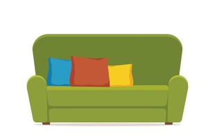 gemütliches grünes Sofa mit bunten Kissen. bequeme Couch. Möbel für Wohnzimmer. weicher Sitz. bunte flache vektorillustration lokalisiert auf weißem hintergrund. vektor