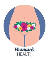 das Konzept der Frauengesundheit mit einem weiblichen Körper, einer weiblichen Leiste, einer Gebärmutter und Blumen im Beckenbereich. Vektor-Illustration. vektor