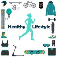 Silhouette einer laufenden Frau, umgeben von Ikonen von Sportgeräten für verschiedene Sportarten. Illustrationssymbol für einen gesunden Lebensstil für Infografiken. vektor