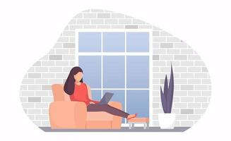 Frau sitzt mit Laptop auf einem Stuhl am Fenster. Mädchen mit Laptop, das Fernarbeit leistet. freiberufliche online-arbeitskonzeptillustration für webseite oder mobile app. moderner flacher Vektor. vektor
