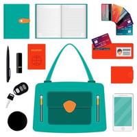 Damenhandtasche und Inhalt. Tagebuch, Brieftasche, Bankkarten, Kugelschreiber, Smartphone, Reisepass, Autoschlüssel, Lippenstift, Puder. Vektor-Illustration. vektor