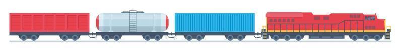Güterzug mit Waggons, Tanks, Fracht, Zisternen. eisenbahnlokomotive mit ölwagen, transportladung. Güterzug. Flache Illustration des modernen Frachtverkehrsvektors.
