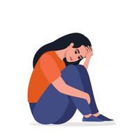 ung deprimerad kvinna Sammanträde ensam, kramas henne knäna. begrepp av depression, mental hälsa, psykologi problem, missbruk och trakasserier. vektor illustration.
