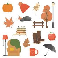 Herbstelementsatz. Vektor-Herbst-Attribute Kürbis, Apfel, Stiefel, Regenschirm, Stuhl, Plaid, Bücher, Becher, Baum, Bank, Laterne, Hut, Blätter, Illustration für Web, Karte, Poster, Cover, Tag, Einladung. vektor