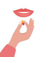 Mund und Hand der Frau mit einer Pille. Frau, die eine Pille nimmt. Mädchen hält eine Pille in der Hand und beabsichtigt, sie zu nehmen. medikamentöse behandlung, pharmazie und medizin, konzeptvektorillustration. vektor