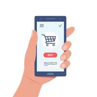 Online-Shopping-Konzept. Hand hält Smartphone mit Korb auf dem Bildschirm. jetzt online kaufen. Vektor-Illustration. vektor