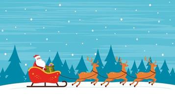 weihnachtsmann reitet im schlitten mit rentieren auf winterschneebedecktem hintergrund. weihnachtsgrußkarte vektorillustration. vektor