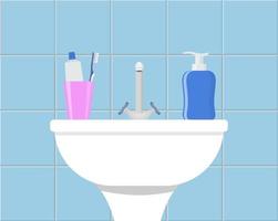 badrum handfat med kosmetisk flytande tvål, tandkräm och tandborste. del av badrum interiör. platt stil vektor illustration.