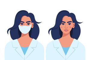 kvinna, läkare eller sjuksköterska porträtt i medicinsk morgonrock, vem är bär ansikte mask, och utan ansikte mask. vektor illustration.