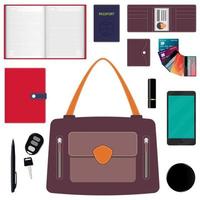 kvinna s handväska och innehåll. dagbok, plånbok, Bank kort, penna, smartphone, pass, bil nycklar, läppstift, pulver. vektor illustration.