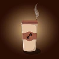 Kaffeetasse aus Papier mit Deckel und Emblem mit Kaffeebohnen. heißen Kaffee zum Mitnehmen und Dampf darüber. Kaffee zum Mitnehmen. vektorillustration im flachen stil.