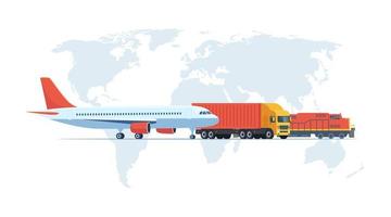 Frachtlogistik-Transportkonzept. Frachtflugzeug, Zug, LKW-Transport auf dem Hintergrund der Weltkarte. Import Export . weltweiten Güterverkehr. Vektor-Illustration. vektor