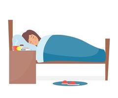 flicka med influensa. platt kvinna karaktär liggande i säng. kall medicin är på de nattduksbord. medicinsk sirap, biljard, kapslar, kopp av varm dryck, termometer, citron. vektor illustration.