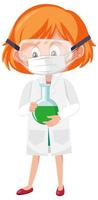flicka i vetenskapsdräkt som innehar vetenskapliga objekt isolerad på vit bakgrund vektor