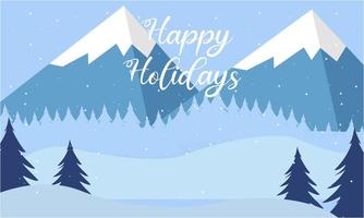 blå bergen vinter- snöig landskap med hand text av Lycklig högtider och tallar på förgrund illustration vektor