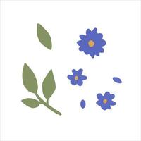 handgezeichnete, niedliche, isolierte Clip-Art-Illustration von grünen Blättern mit blauen Blüten vektor
