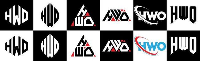 hwo-Buchstaben-Logo-Design in sechs Stilen. hwo polygon, kreis, dreieck, sechseck, flacher und einfacher stil mit schwarz-weißem buchstabenlogo in einer zeichenfläche. hwo minimalistisches und klassisches Logo vektor