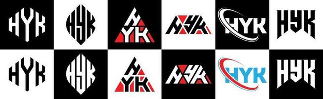 Hyk-Buchstaben-Logo-Design in sechs Stilen. Hyk-Polygon, Kreis, Dreieck, Sechseck, flacher und einfacher Stil mit schwarz-weißem Buchstabenlogo in einer Zeichenfläche. hyk minimalistisches und klassisches Logo vektor