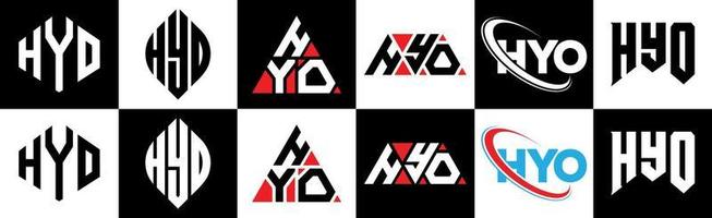 Hyo-Buchstaben-Logo-Design in sechs Stilen. Hyo-Polygon, Kreis, Dreieck, Sechseck, flacher und einfacher Stil mit schwarz-weißem Buchstabenlogo in einer Zeichenfläche. Hyo minimalistisches und klassisches Logo vektor