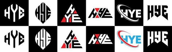 Hye-Buchstaben-Logo-Design in sechs Stilen. Hye-Polygon, Kreis, Dreieck, Sechseck, flacher und einfacher Stil mit schwarz-weißem Buchstabenlogo in einer Zeichenfläche. Hye minimalistisches und klassisches Logo vektor