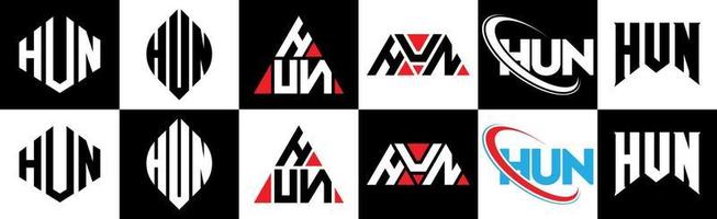 Hun-Brief-Logo-Design in sechs Stilen. Hun-Polygon, Kreis, Dreieck, Sechseck, flacher und einfacher Stil mit schwarz-weißem Buchstabenlogo in einer Zeichenfläche. hun minimalistisches und klassisches Logo vektor