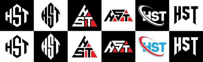 hst brev logotyp design i sex stil. hst polygon, cirkel, triangel, sexhörning, platt och enkel stil med svart och vit Färg variation brev logotyp uppsättning i ett rittavla. hst minimalistisk och klassisk logotyp vektor