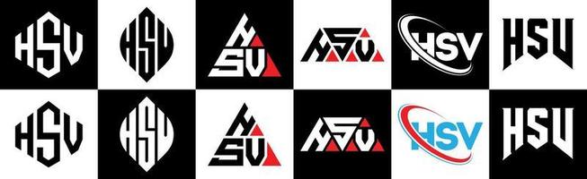 hsv-Buchstaben-Logo-Design in sechs Stilen. hsv polygon, kreis, dreieck, sechseck, flacher und einfacher stil mit schwarz-weißem buchstabenlogo in einer zeichenfläche. hsv minimalistisches und klassisches logo vektor